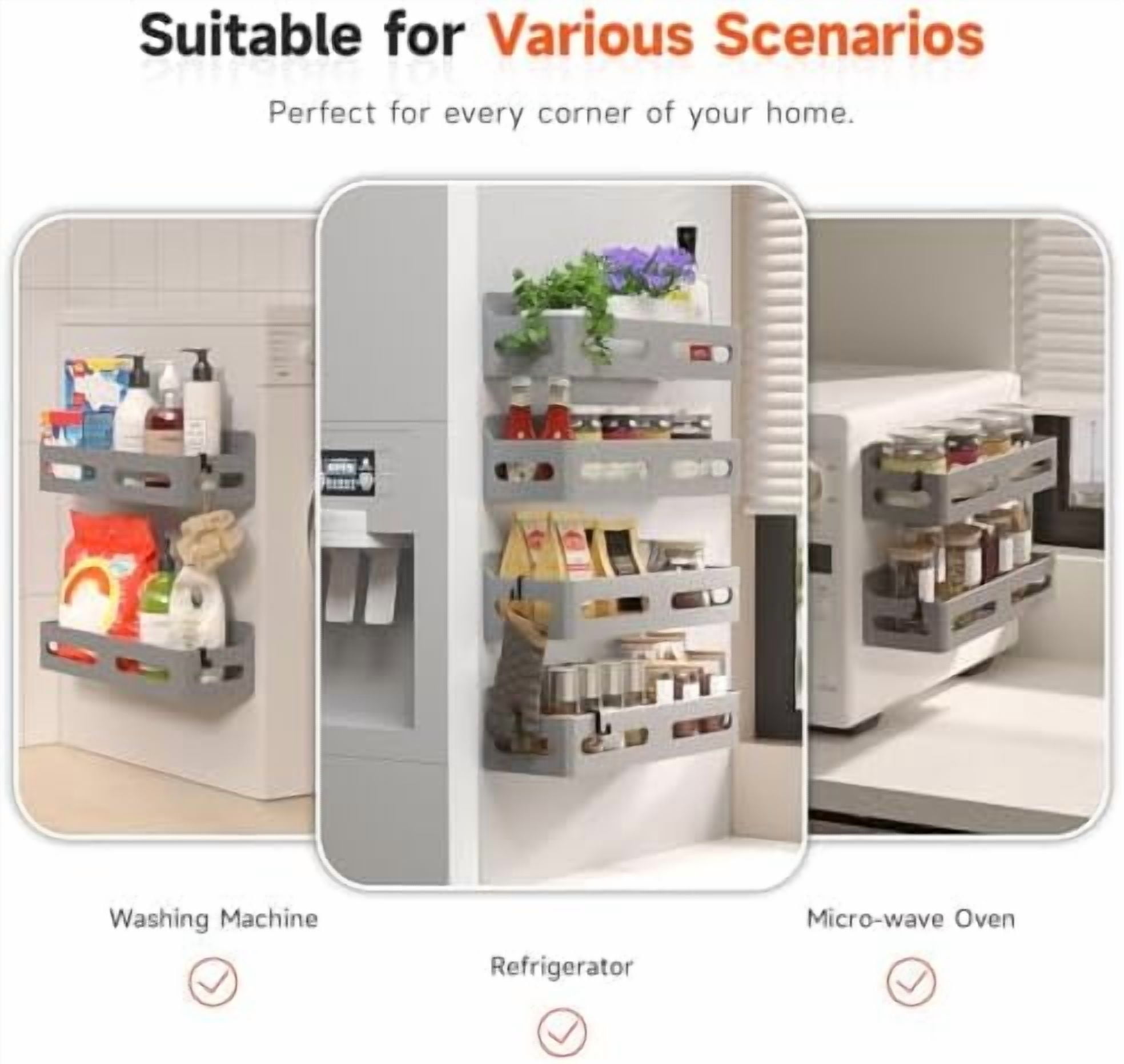 4 Pack Strong Magnetic Spice Rack for Refrigerator, Multipurpose Magnetic Shelf for Fridge with 4 Hooks for kitchen and Bathroom Organization, Grey