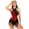 thumbnail image 2 of TiaoBug Women Sparkling Fringed Latin Jazz Dance Leotard Sleeveless Bodysuit Modern Lyrical Dance Costume Burgundy M, 2 of 7