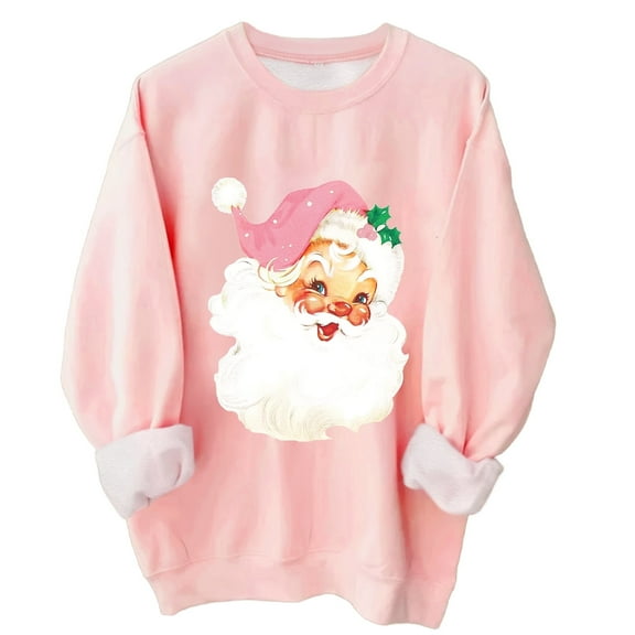 Women’s Christmas Sweatshirt, Pink “Merry and Bright” Graphic or Santa Claus Print, Cozy Fleece Pullover Holiday Top
