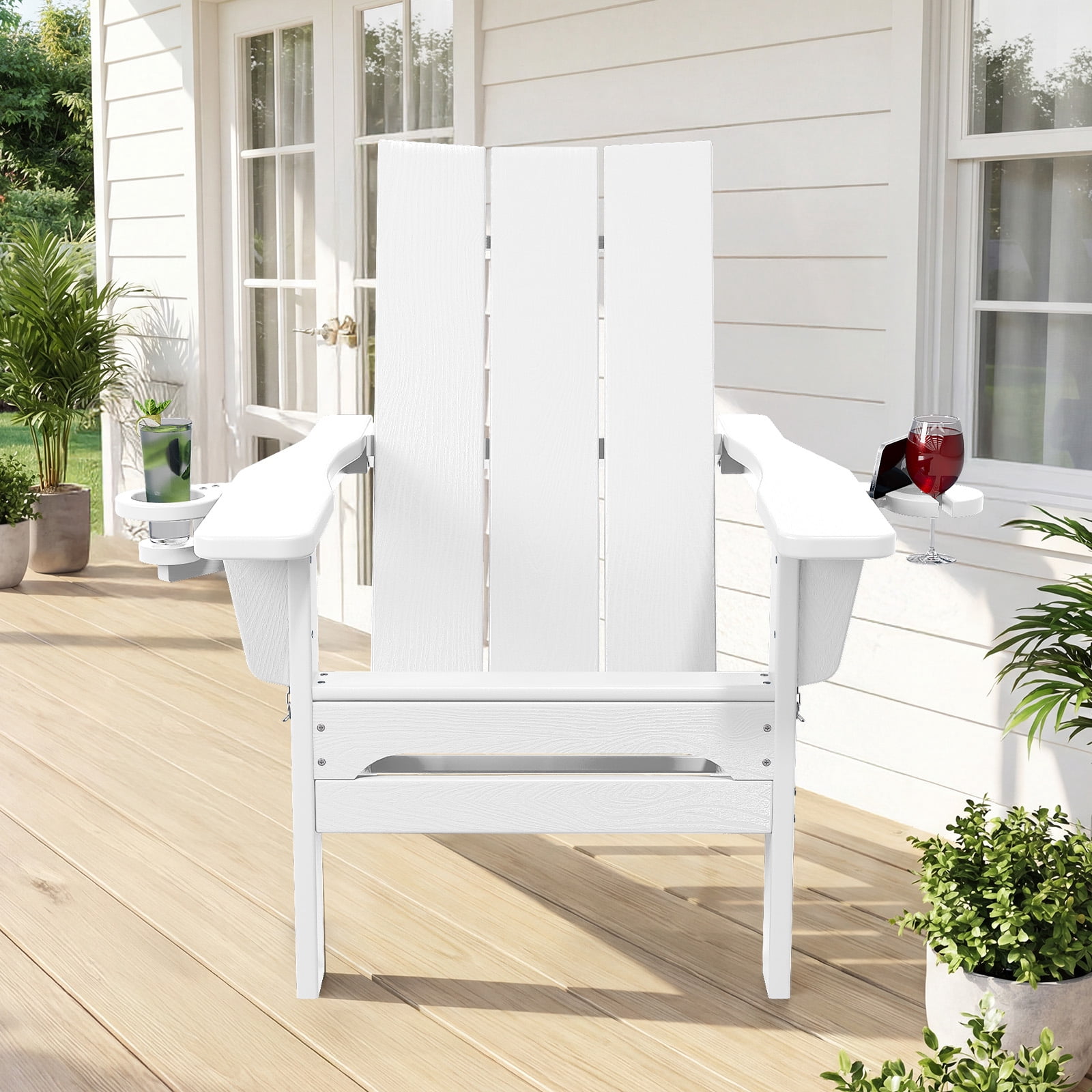 RIAFUN HDPE Foldable Adirondack Chair, Outdoor Patio Chair with 2 Cup Holders, Heavy Duty All-Weather Seating for Lawn,Porch,Deck,Backyard, White