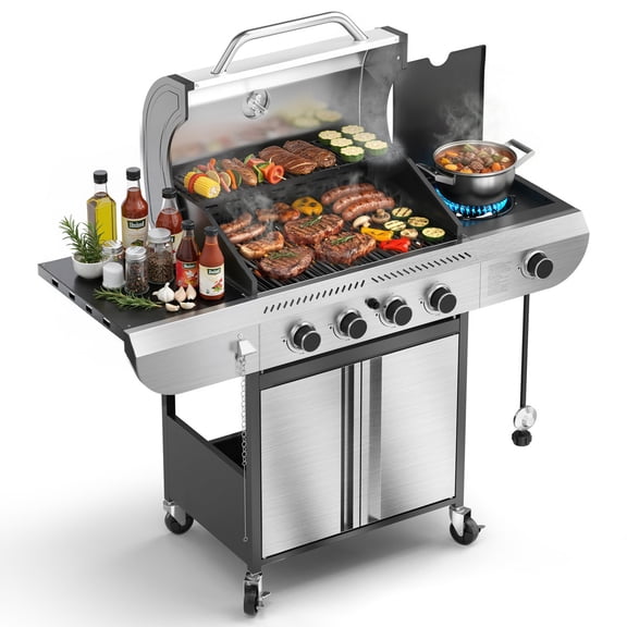 KNDKO 4-Burner Propane Gas Grill with Side Burner, 42,000 BTU, Stainless Steel, 561 Sq In Cooking, Lid Thermometer, Dual-Brake Wheels, Outdoor BBQ