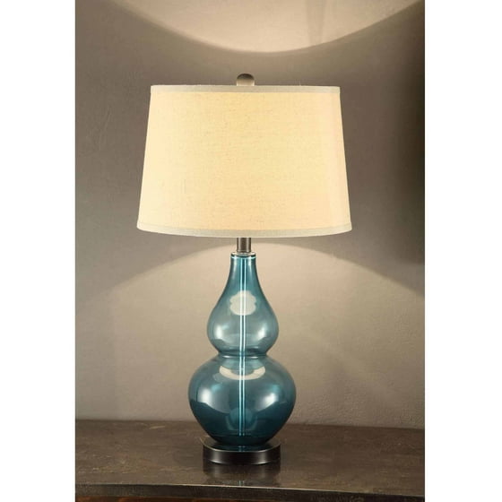 Blue Glass with Bronze Base Lamp with Natural Color Fabric Shade