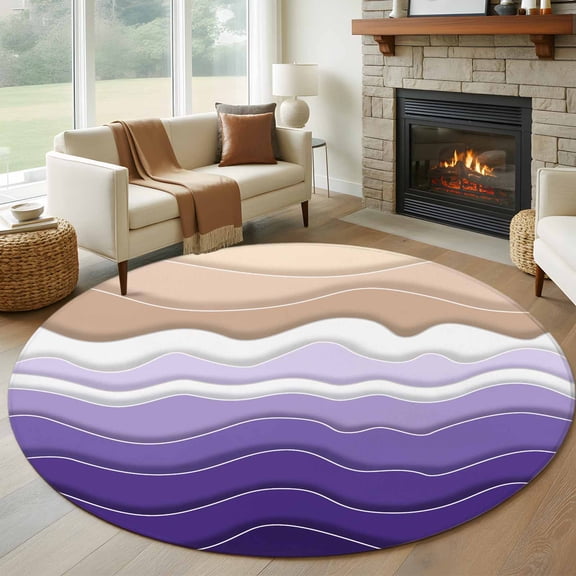 Round Rugs 5Ft, Purple Ombre Stripe Round Area Rug Washable Indoor Throw Carpet, Abstract Summer Beach Coastal Soft Non Slip Circle Rug for Cabinet Bathroom Home Decor Aesthetic