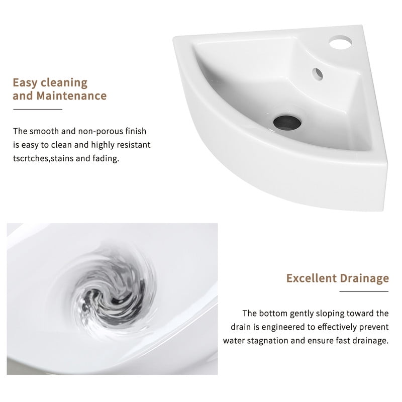 TICOZE Triangle Corner Wall Mounted Ceramic Vessel Sink, Space Saving Bathroom Sink Vanity Sink, White Gloss Ceramic Sink for Small Bathroom Powder Room