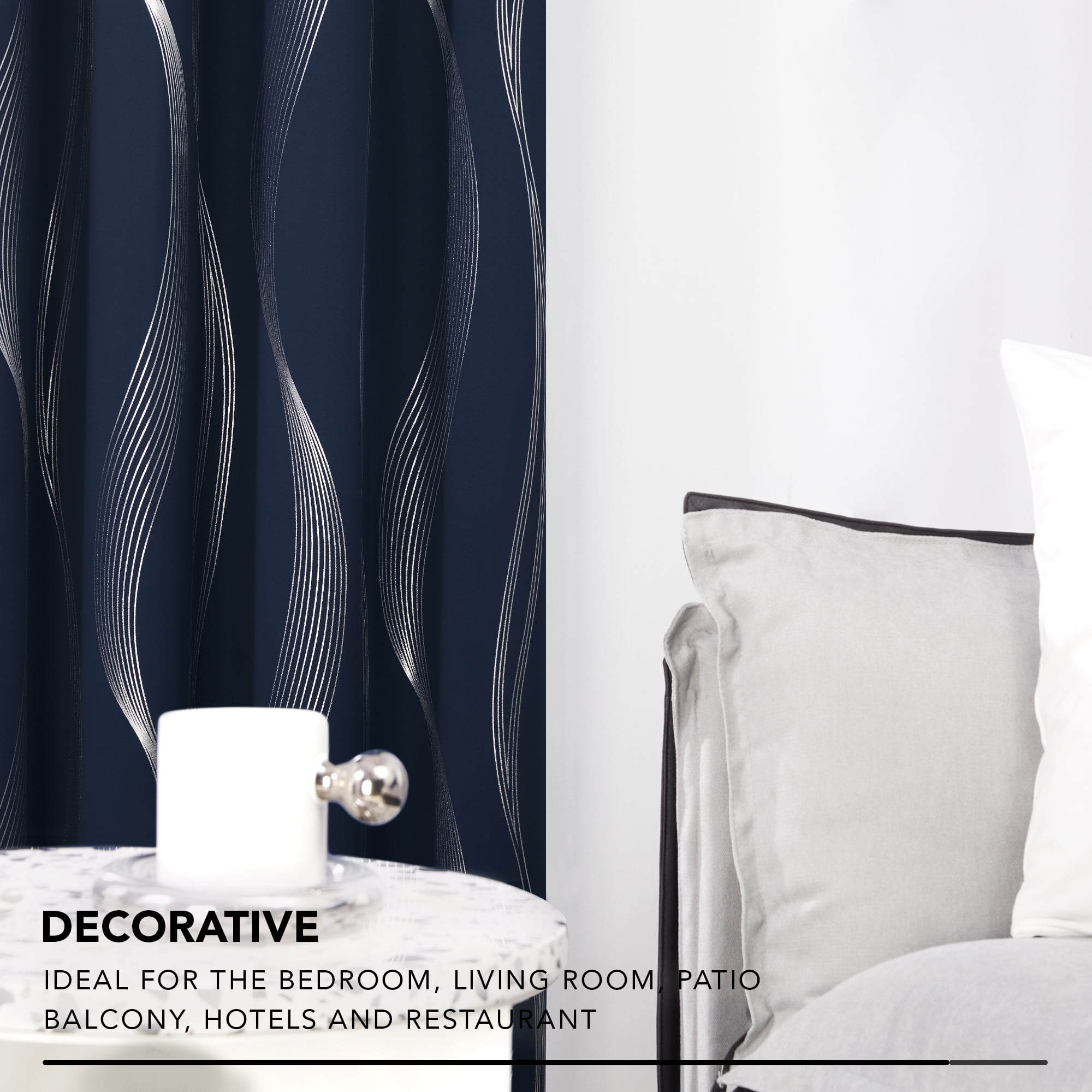 Deconovo Silver Wave Foil Printed Blackout Curtains, Thermal Insulated Grommet Top Drapes (42 x 72 inch, Navy Blue, 2 Panels)