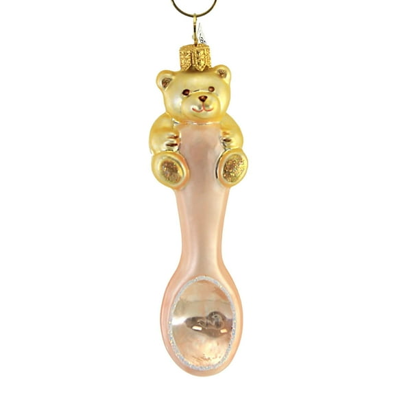 Christina's World Baby First Spoon With Teddy - 1 Glass Ornament 4.5 Inch, Glass - Newborn Christmas Ornament Bab915 Pink
