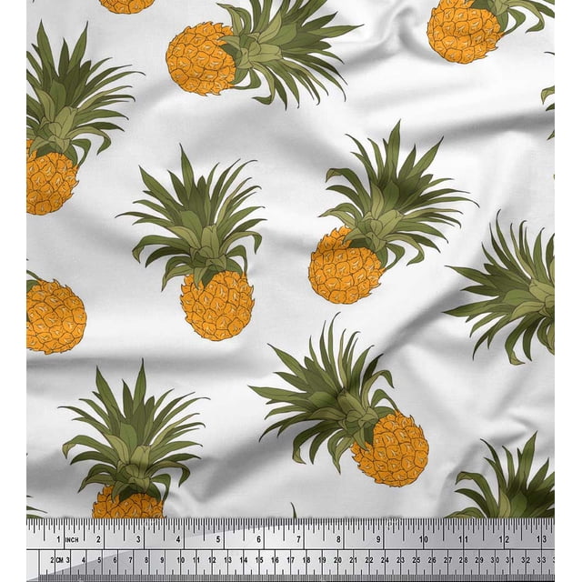 Soimoi White Silk Fabric Pine Fruits Print Fabric by Yard 42 Inch Wide