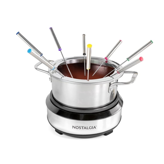 Nostalgia Stainless Steel Fondue Set, 8-Cup Electric Fondue Pot with 6 Color-Coded Dipping Forks