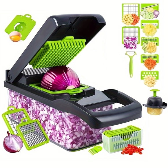 Mandoline Slicer, 15-in-1 Multi-Functional Kitchen Gadget Set, Veggie Chopper, Food Chopper with Container, Vegetable Cutter & Spiralizer for Onion Salad, Gray