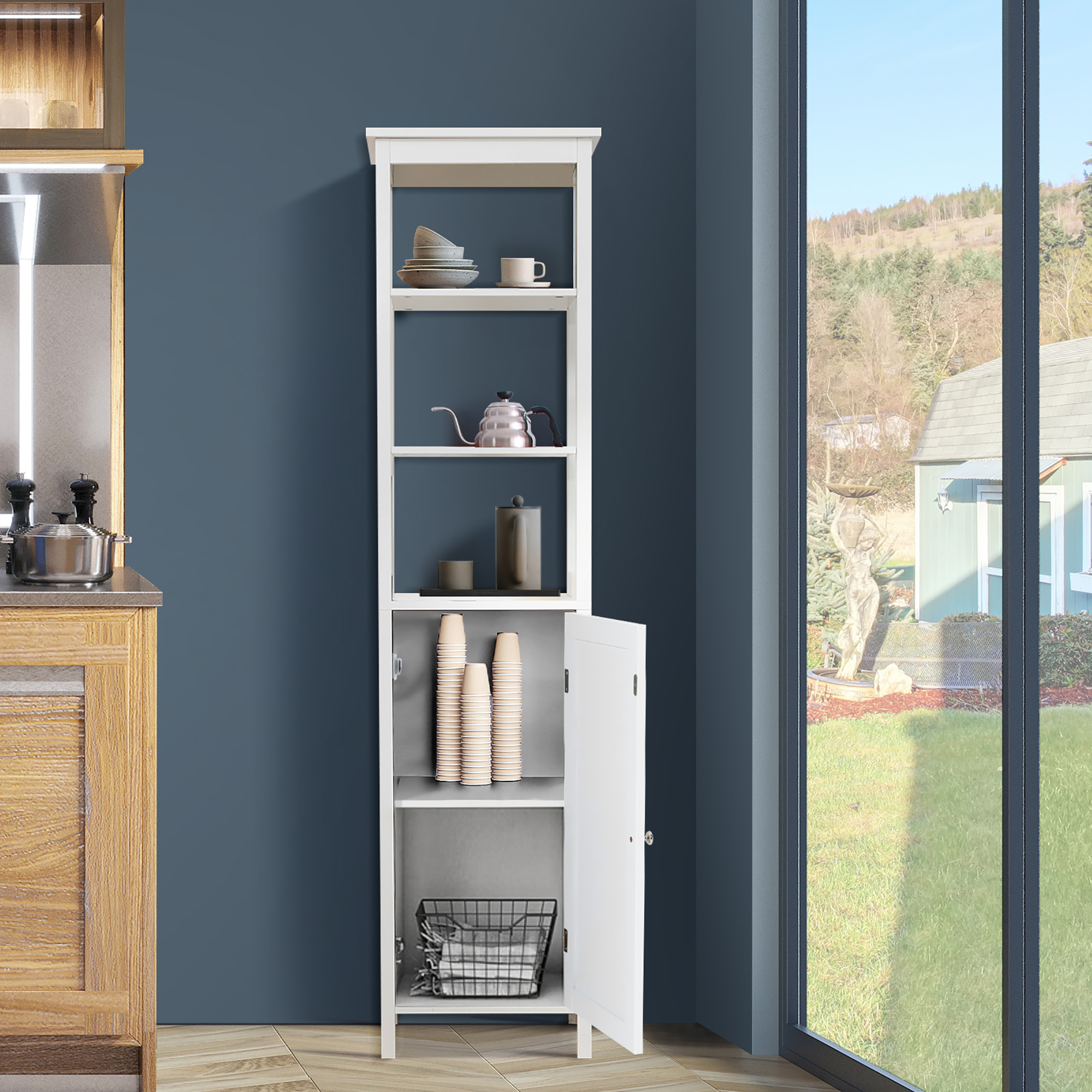 Costway Bathroom Corner Storage Cabinet Free Standing Tall Bathroom Cabinet  W/3 Shelves