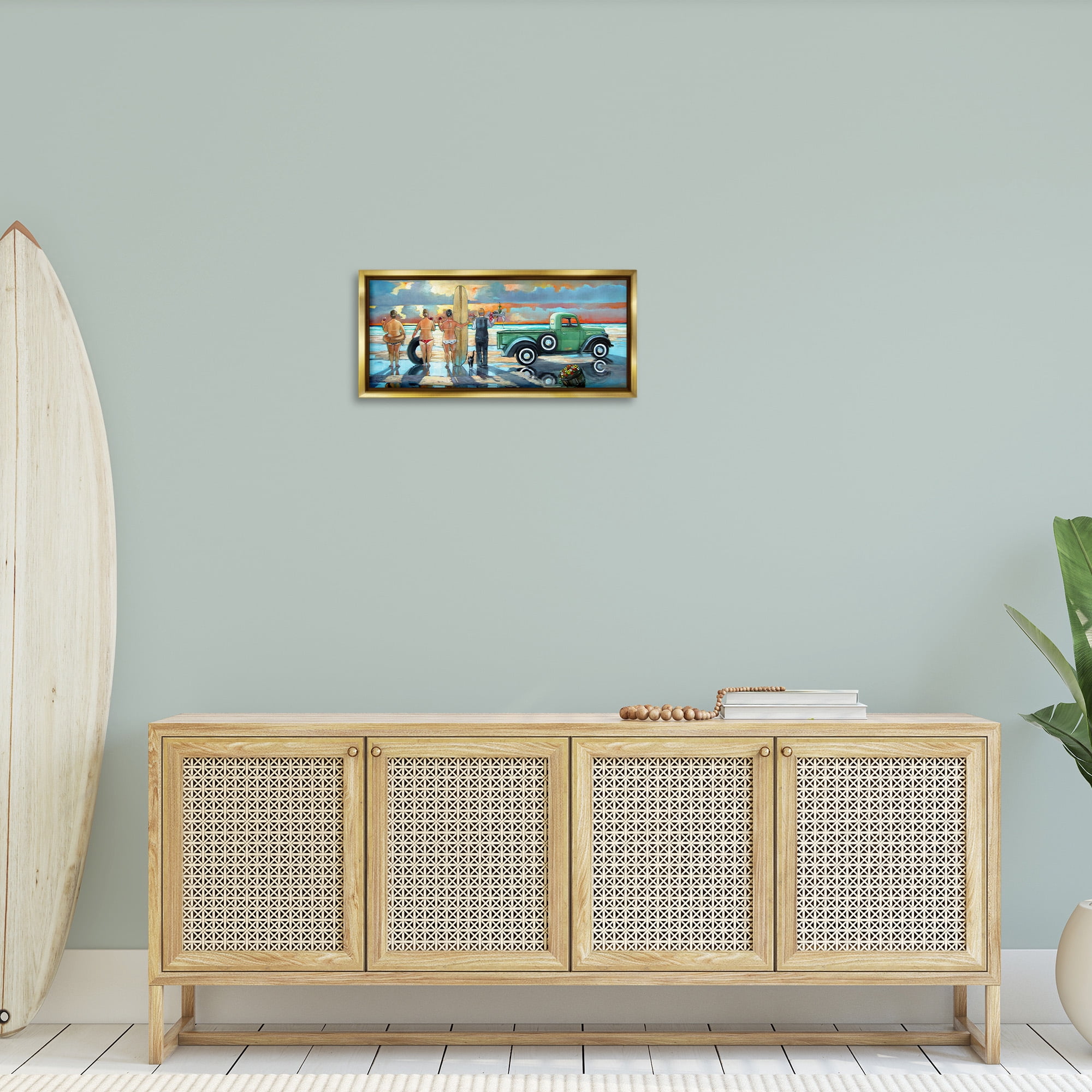 Stupell Industries Butler Serving Beach Girls Scene Nature Painting Gold Floater Framed Canvas Art Print Wall Art, 25 x 11