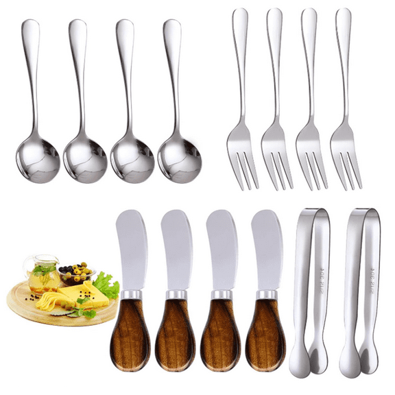 14 Pcs Silver Stainless Steel Spreader Knives Set Cheese Spreaders for Charcuterie Board Include Mini Serving Tongs, Cheese Butter Knives, Spoons, Forks