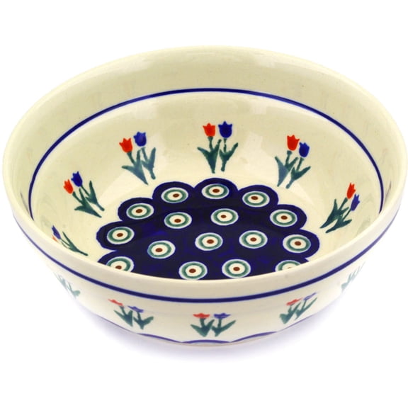 Polish Pottery 6½-inch Bowl (Tulip Pair Peacock Theme) Hand Painted in Boleslawiec, Poland   Certificate of Authenticity