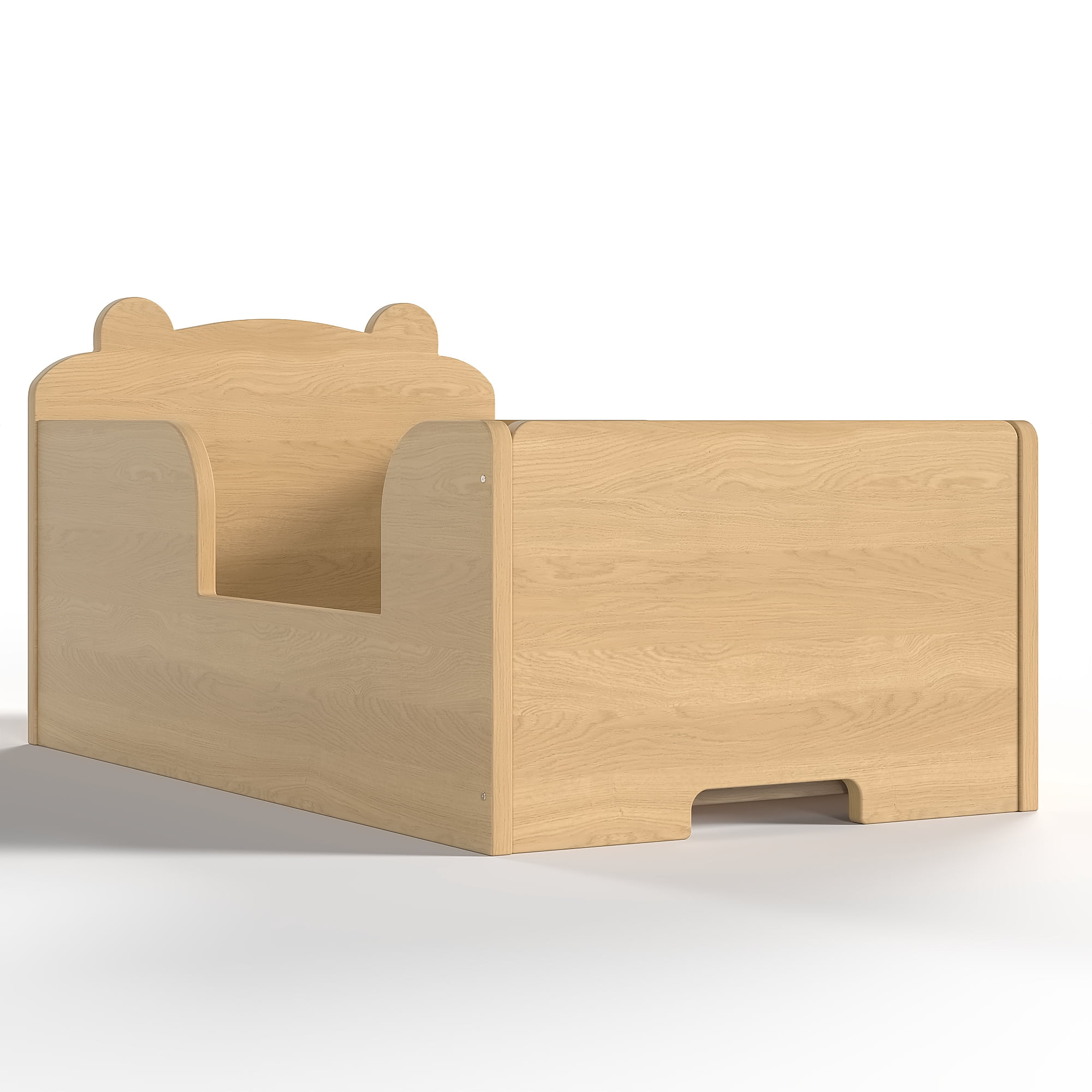 Leumius Twin Size Floor Bed for Kids,Solid Wood Montessori Floor Bed Frame with High Rails and Bear Shape Headboard for Boys Girls,Natural