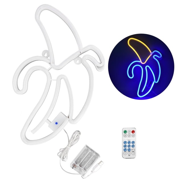 Luz de neón LED multicolor con forma de plátano, ideal para decoración de pared de restaurantes familiares y festivos. Cabeza cálida, piel azul.