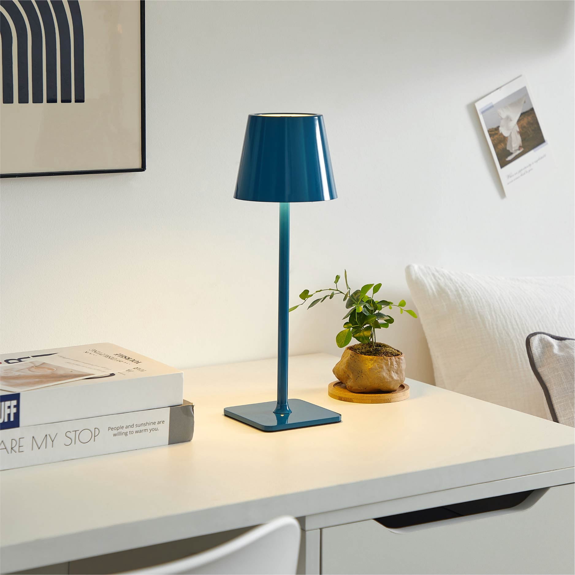Mainstays 13-inch Rechargeable Table Lamp with Corsair Blue Finish and Touch Dimming Control