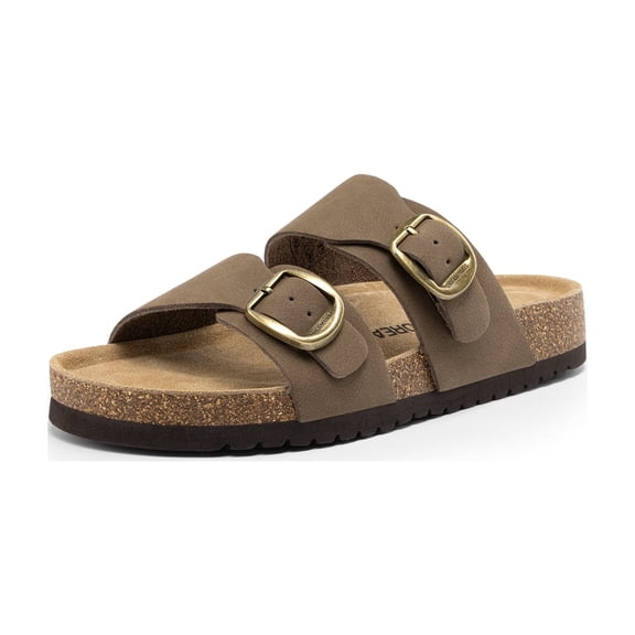 DREAM PAIRS Women’s Slide Sandals with Genuine Leather Footbed Adjustable Double Buckle Slip-On Flat Sandals with Arch Support