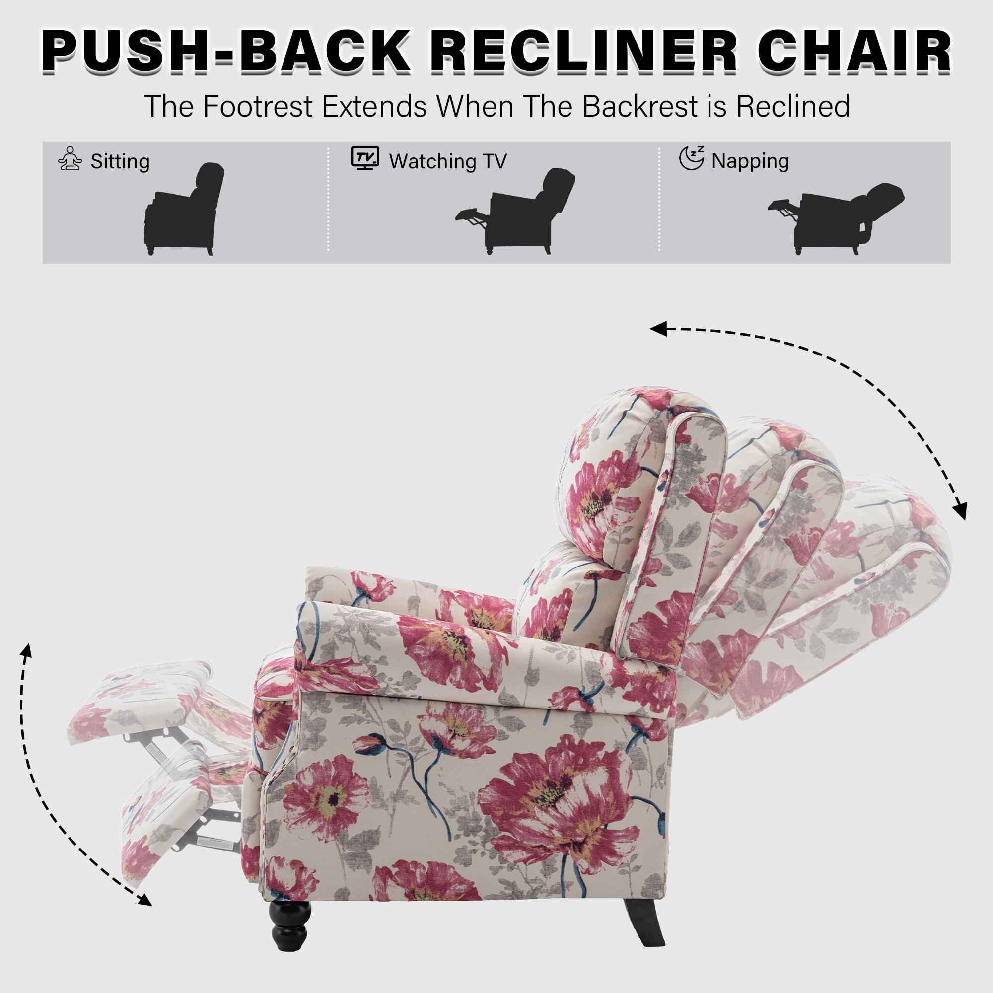 Manual Wingback Recliner Chair Upholstered Pushback Armchair Home Theater Single Sofa with Trim Wood Legs for Living Room, Flower