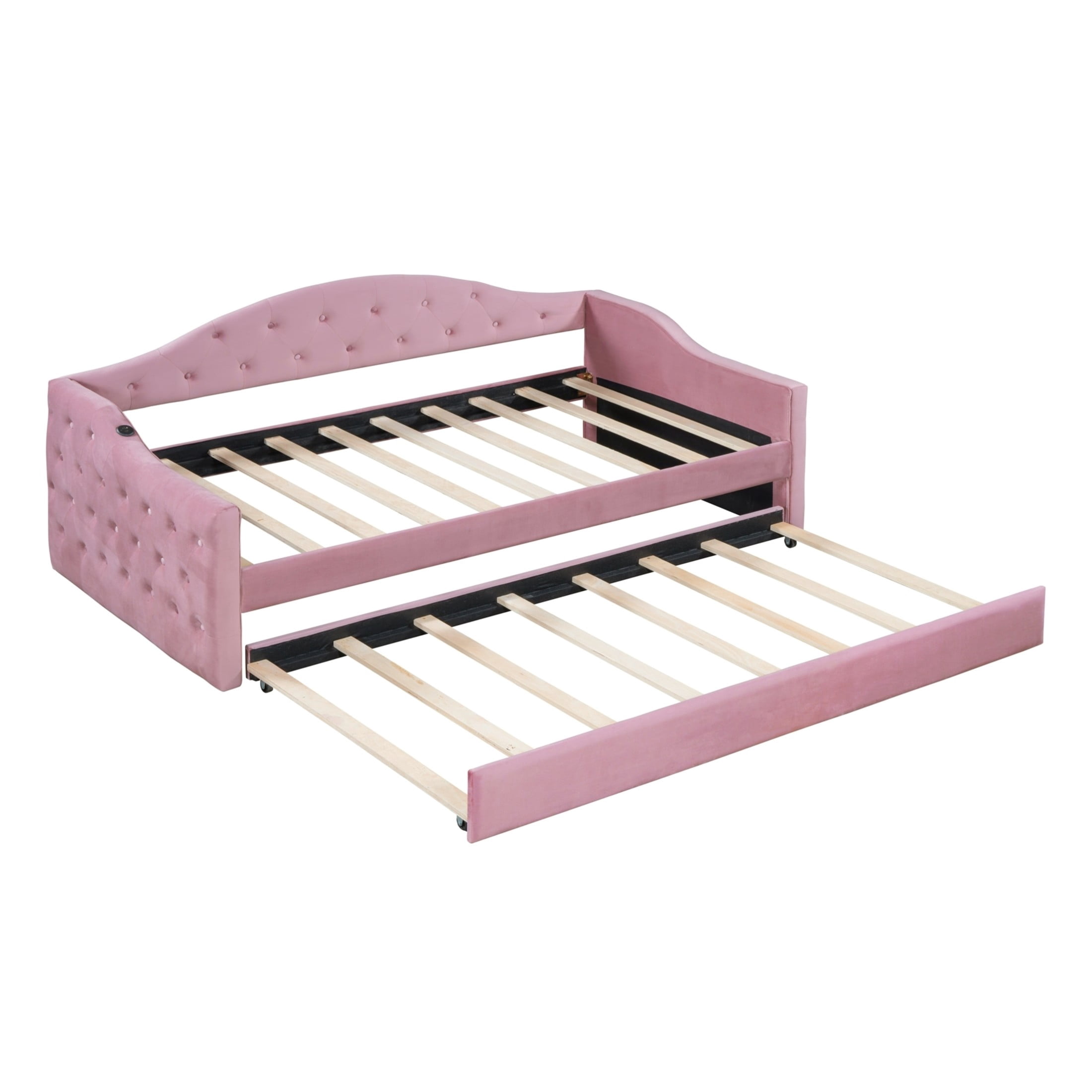 Noble House Twin Tufted Upholstered Daybed with Trundle, USB and Type-C Charging Ports, Pink