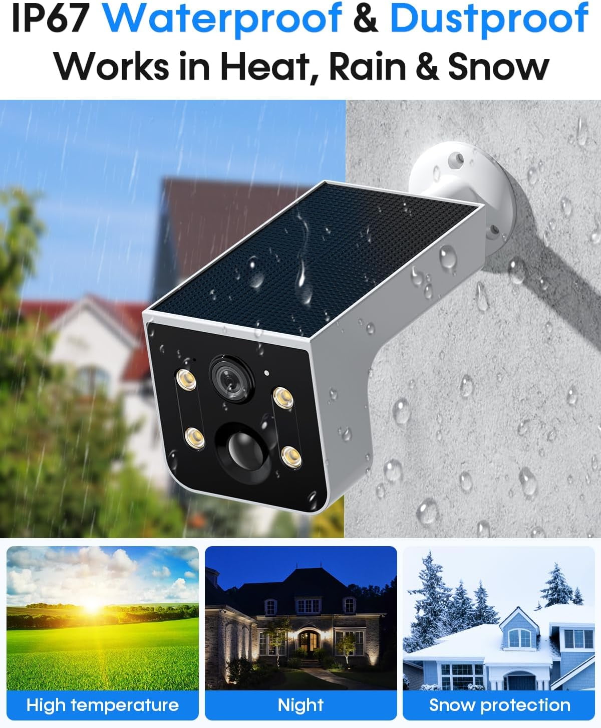 2K Solar Powered Camera, 2.4G WIFI Camera Outdoor Wireless, Motion Detection, Color Night Vision, Waterproof IP67, Easy Setup for Home & Business Monitoring