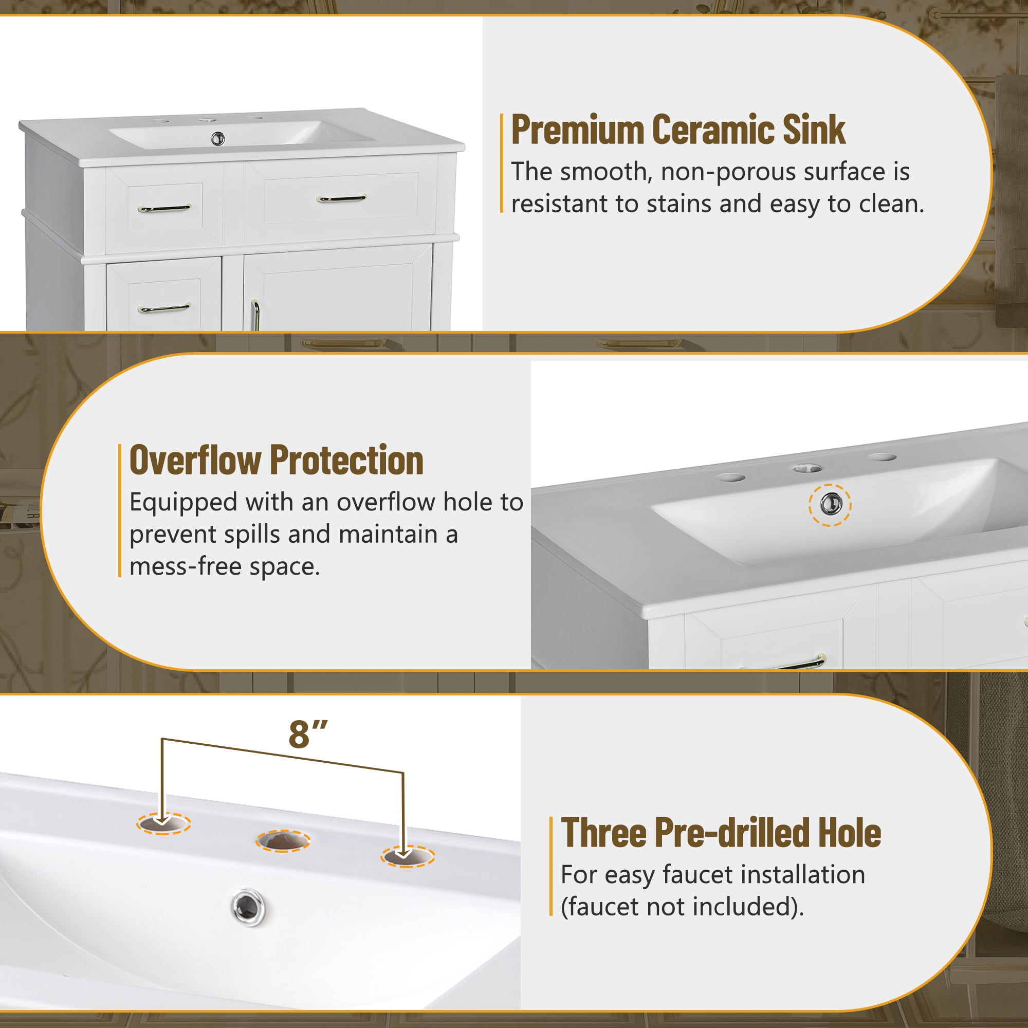 EUROCO 30" Bathroom Vanity with Ceramic Sink,Solid Wood Bathroom Makeup Cabinet with Soft Close Door,Adjustable Shelf and 3 Drawers,Free Standing Single Basin Vanity Set for Bathroom,White