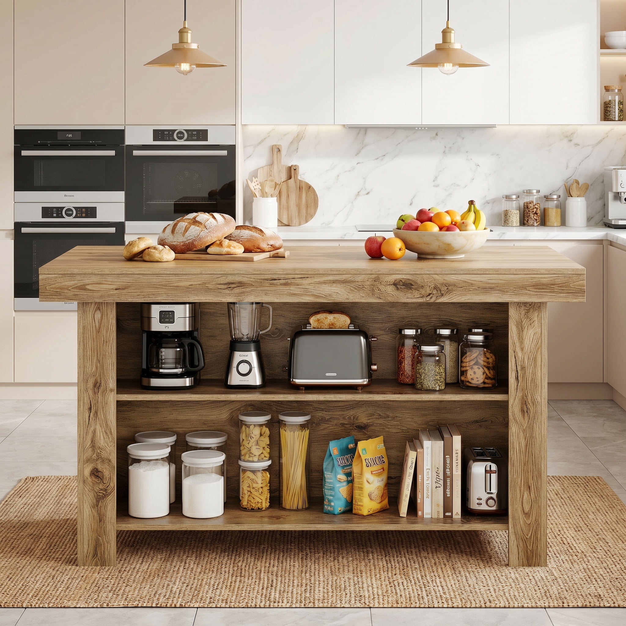 Fnova 55" 3-Tier Kitchen Island with Storage Shelf, Farmhouse Wooden Stationary Island Table with Large Worktop for Kitchen, Light Brown
