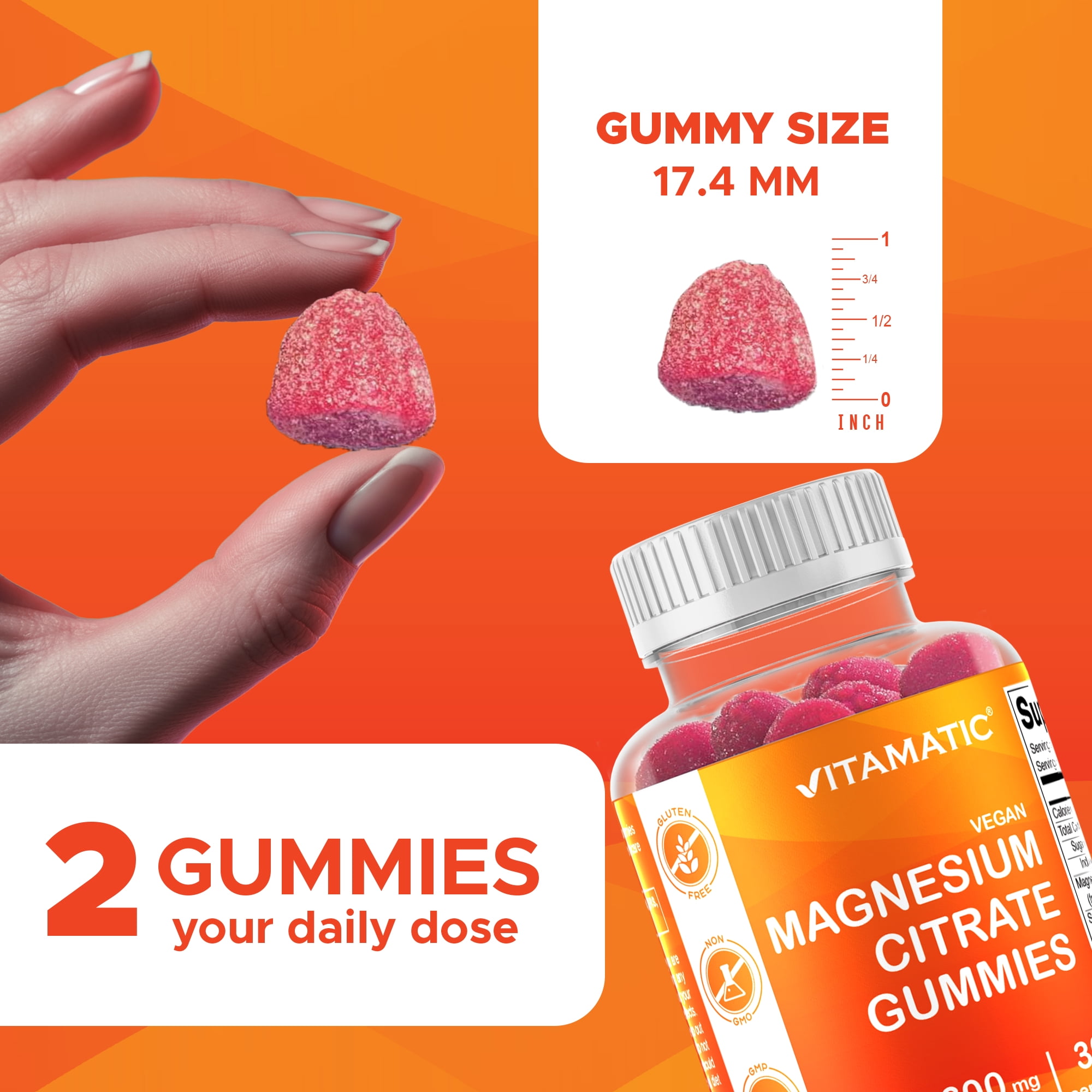 Vitamatic Magnesium Gummies 600mg per Serving - 60 Vegan Gummies - Promotes Healthy Relaxation, Muscle, Bone, & Energy Support  3 pack(180 Count)