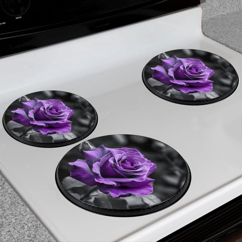 BaHomeck Electric Stove Burner Covers Set of 4,Round Metal Gas Stove Burner Covers 8 Inch and 10 Inch,Kitchen Decor,Purple Rose Against Black And White Background