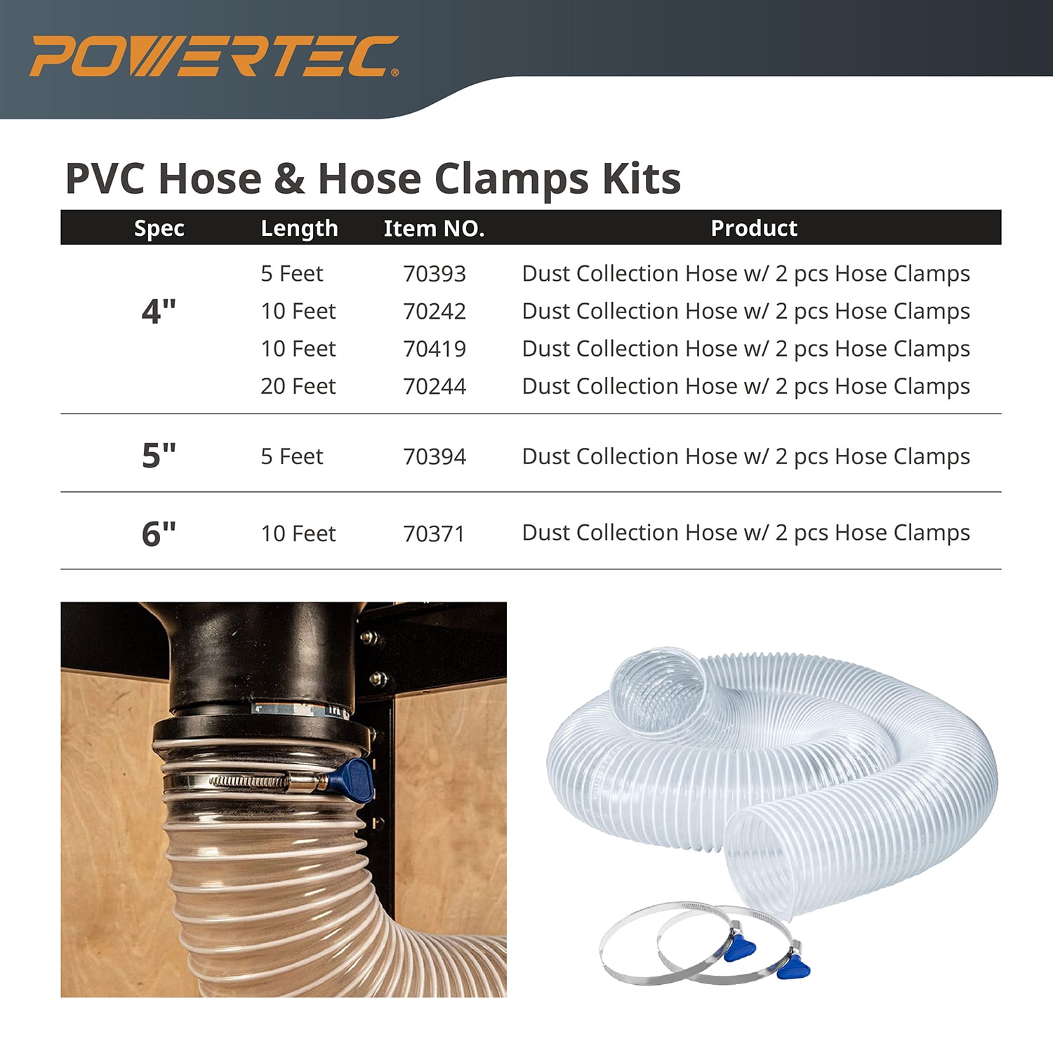 POWERTEC 4" x 20' Dust Collection Hose with 2PC Key Hose Clamps for Table Saw, Band Saw, Planer, Jointer, Woodworking and Wood Shop Dust Collection System, 70244