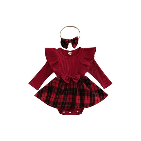 

Musuos Baby Girls Christmas Romper Dress Plaid Bowknot Skirt Hem Jumpsuit Headband