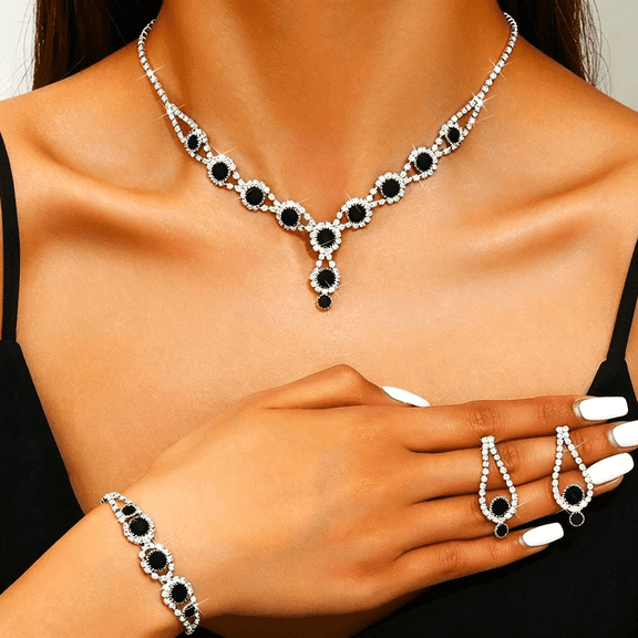 DESIGNICE Bridal Wedding Jewelry Set Silver Prom Necklace Earring Set for Women Black and Silver Jewelry Set