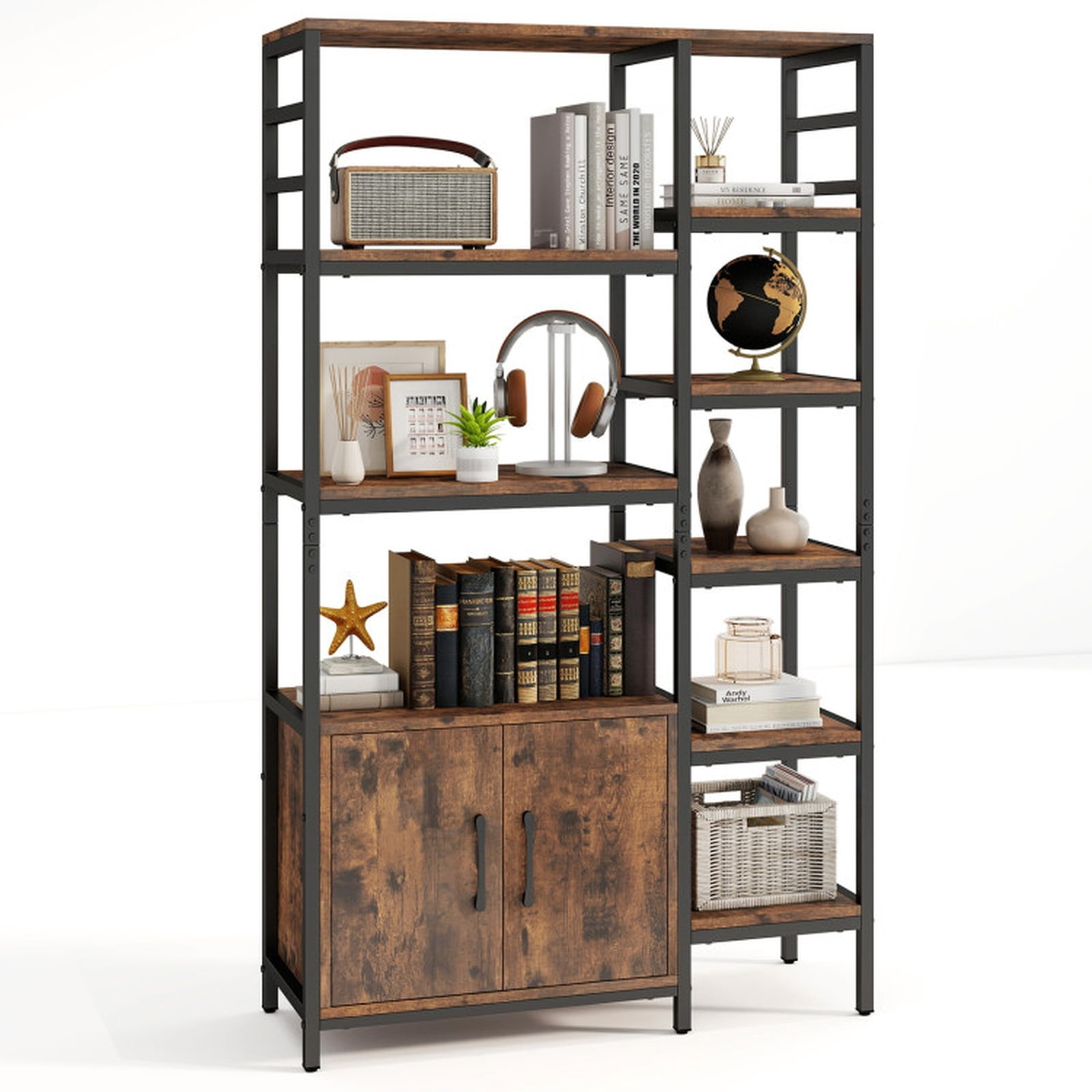 Furnibear Double Wide 8-Tier Bookshelf with 2-Door Cabinet for Living Room Home Office for Living Room Home Office Bedroom Display, Rustic Brown