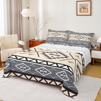 Homewish Tribal Aztec Adult Queen Sheet Sets, Corn Silk Grey Triangle Flat Sheet, Vintage Western Bohemian Queen Fitted Sheet, Breathable Home Decor, 4-Piece