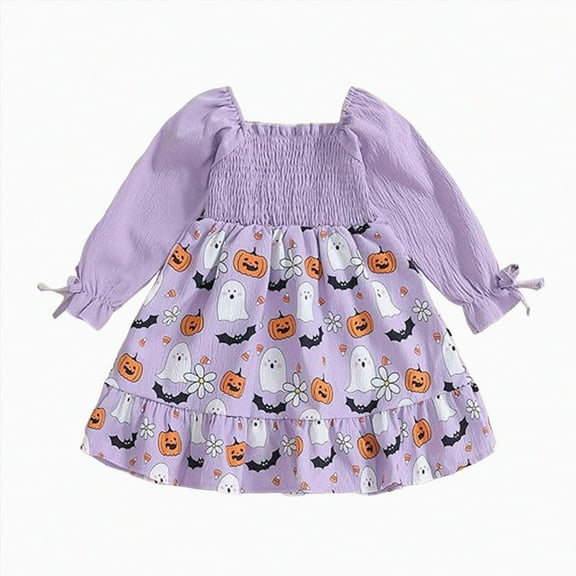 HCNTES Girls Halloween Comfortable and Fashionable Long Sleeve Cute Pumpkin Printed Dress(Purple,18-24 Months)