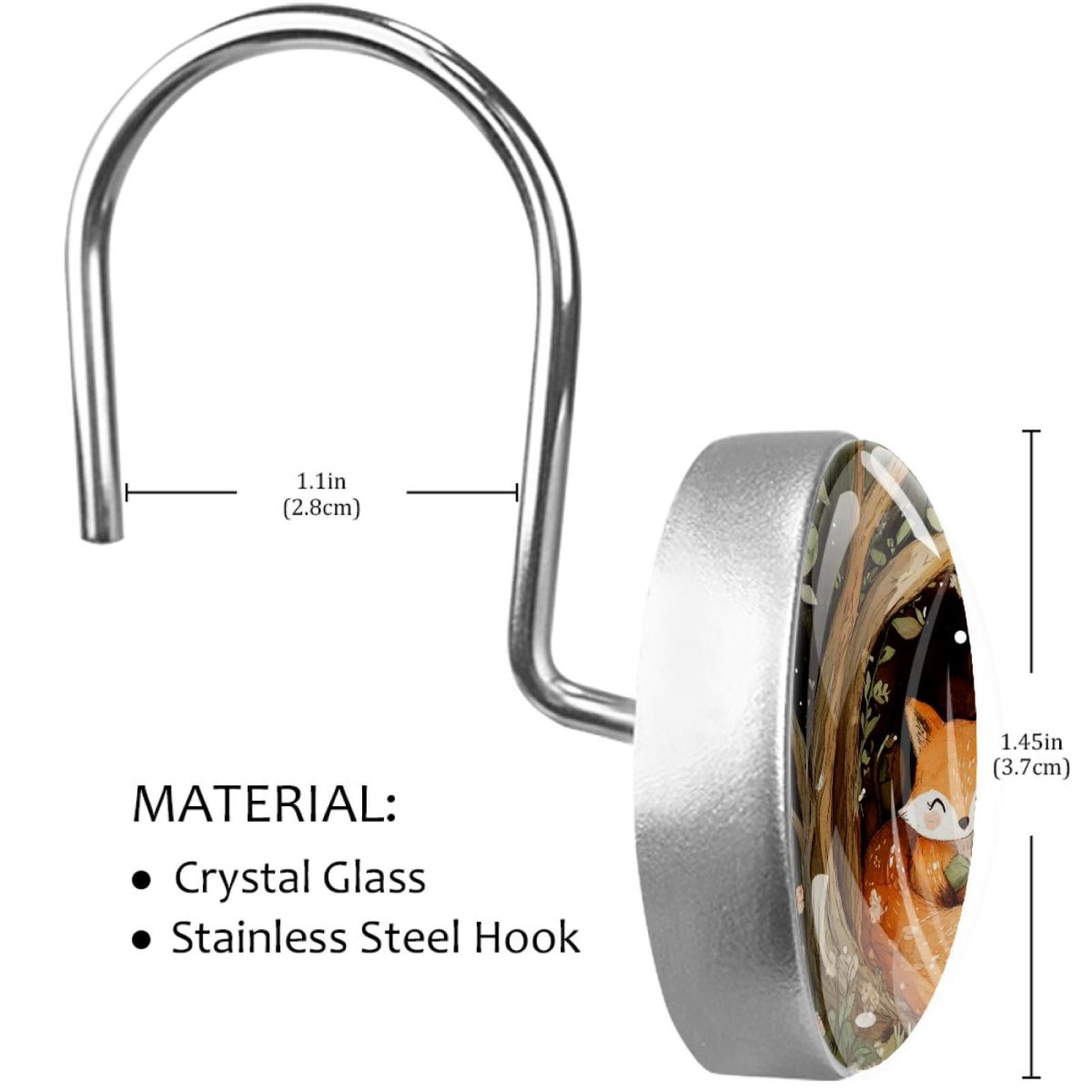 Foxes on Forest Cave Shower Curtain Hooks Round Crystal Glass, Set of 12 Shower Curtain Rings - Shower Hooks for Curtain Shower Rings