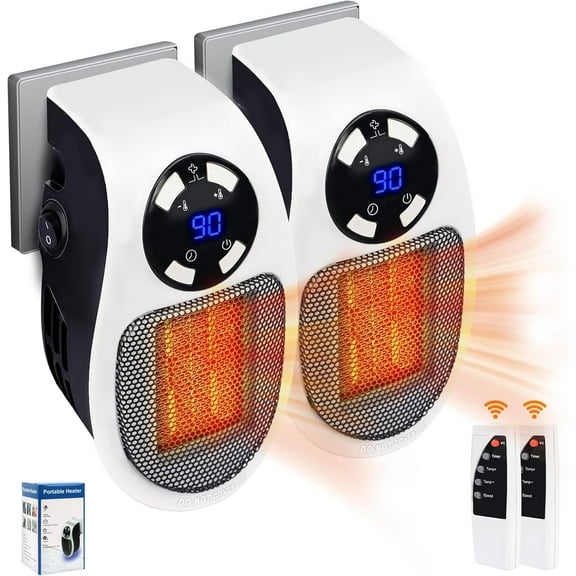 2-Piece Remote Electric Heater with LED Display, Programmable Space Heater with Thermostat and Timer, Suitable for Office, Bedroom, Small Plug-in 450W