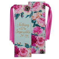 Christian Art Gifts Faux Leather Bookmark: Nothing Will be Impossible for You - Matthew 17:20 Inspirational Bible Verse, Teal/Pink Floral with Satin Ribbon