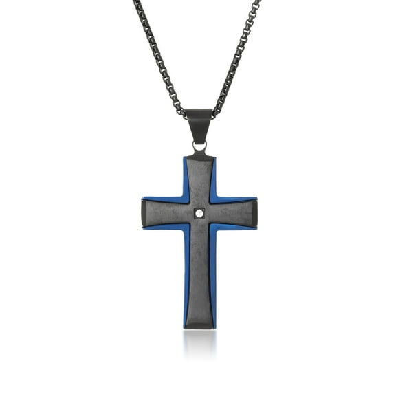Black and Blue Ion Plated Stainless Steel Cross Pendant with 0.03 Carat Diamond - 24 Inch Box Chain