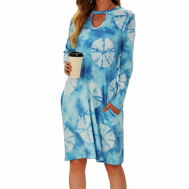 Vestido suelto estampado manga larga otoño ropa casual para mujer, azul cielo, S seitruly AP000090-09B