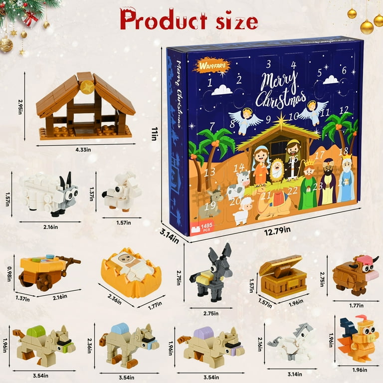 HOMCOM Adventskalender met LED-verlichting, 24 lades, kerststal scène