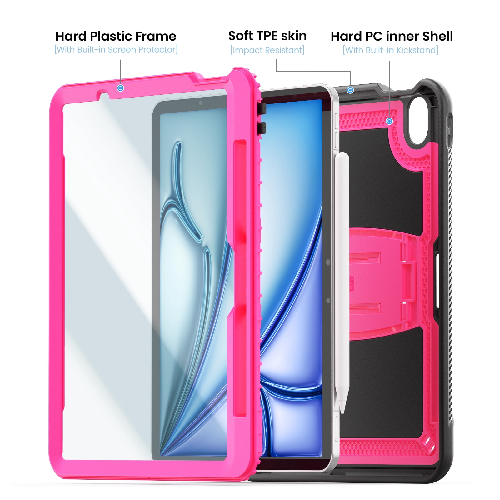 ELEHOLD Rugged Case with Pencil Holder For iPad Air 11-inch M3 (2025) / M2 (2024), Built-in Kickstand Double-Layer Protection Full-Body Shockproof Cover For Apple iPad Air 11 (2025/2024),Rose