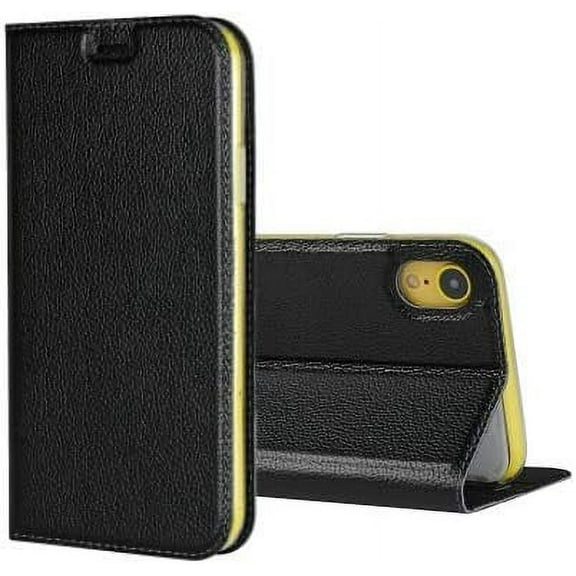 Genuine Leather Case Slim Folio Book Cover with Credit Card Slots,Kickstand Feature Stand Holder,Magnetic Closure [TPU Shockproof Interior Protective Case] for Apple iPhone XR,Black
