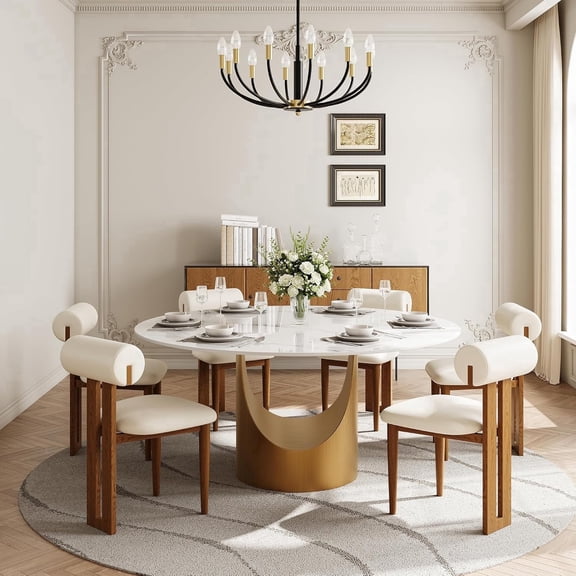 FHKJ HOME 60" Modern Round Dining Table for 6, Glossy White Sintered Stone Top