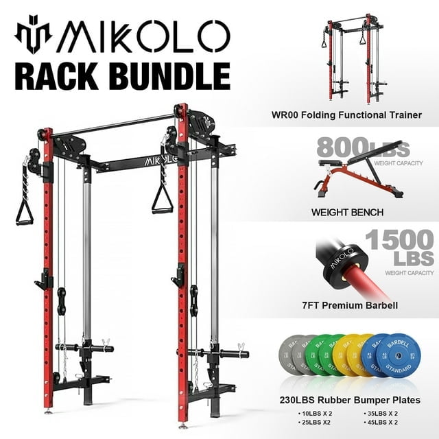 Cheetah Foldable Squat Rack Red & Weight Bench & Barbell & BP230lbs