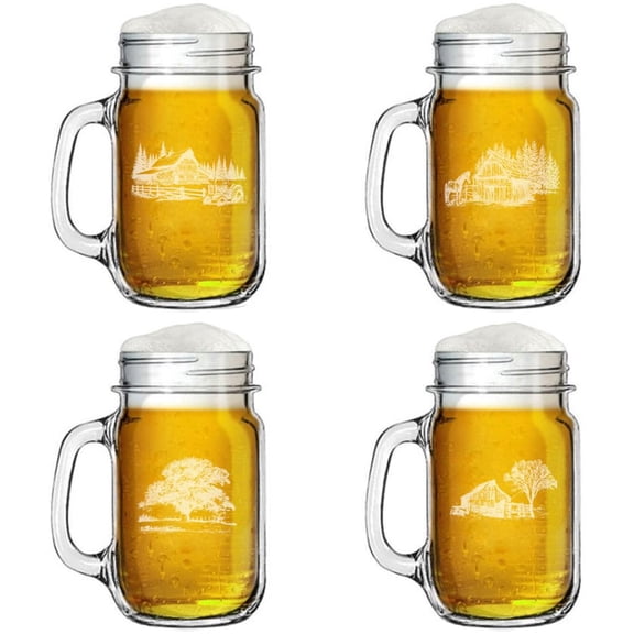 Set of 4 Glass 16oz Mason Jar Glass Mug w/Handle Gift Barn Collection Country Farm