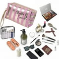 thumbnail image 3 of Bolsa de maquillaje a rayas, bolsa de aseo de PU, bolsa de viaje multifuncional, bolsa de almacenamiento impermeable, 3 of 5