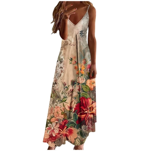 Kvture Summer Dresses for Women Sleeveless Casual Floral Beach Sundress Boho V-Neck Spaghetti Strap Maxi Dress G Multicolor