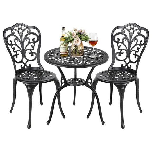 3 Piece Outdoor Bistro Table Set, All Weather Cast Aluminum Patio Bistro Sets Patio Table and Chairs Set of 2 with Umbrella Hole for Yard, Garden, Balcony, Black No cushion Butterfly Backrest
