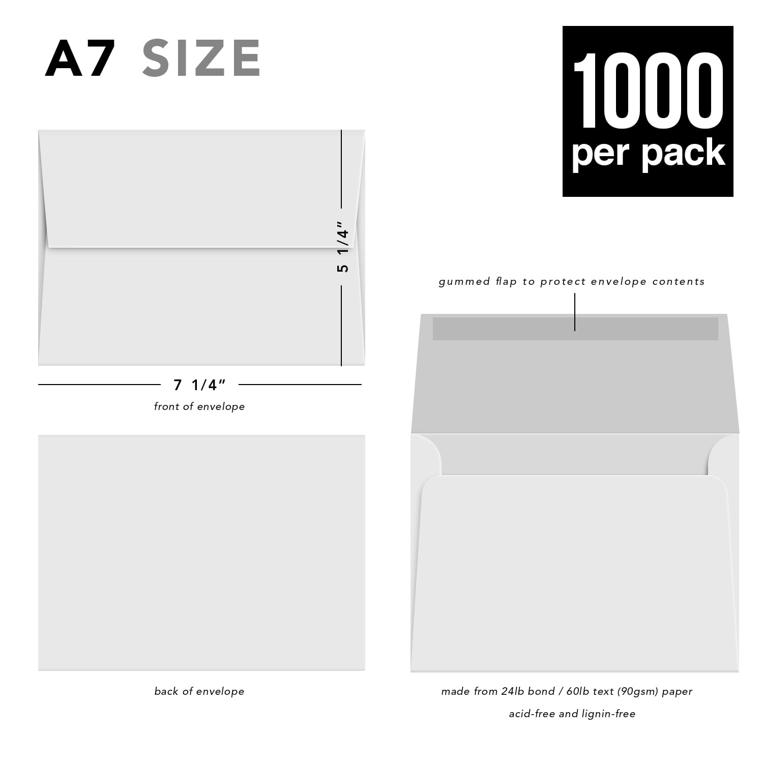 White A2 Envelopes – Perfect for 4.25 x 5.5 Greeting Cards, Wedding Invitations, Postcards, Photos | Gummed Square Flap | Bulk Pack of 1000 Envelopes | 4 3/8" x 5 3/4"