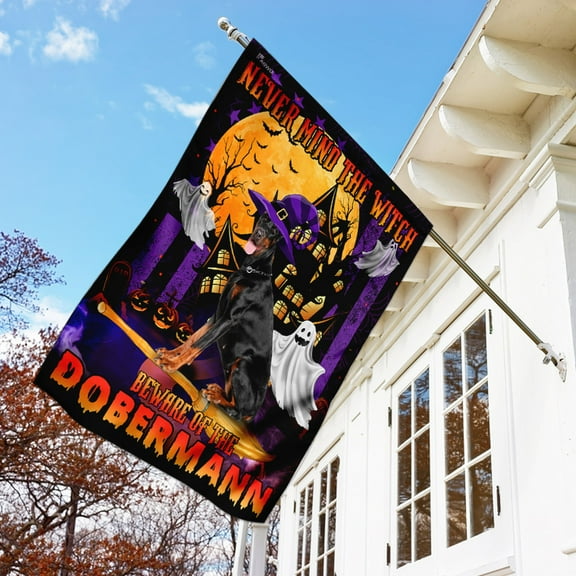 Flagwix Halloween Flag, Never Mind The Witch Beware Of The Dobermann Halloween Decoration, Fall Decor, Outdoor Canvas Double-sided Printed Flag 30x40 House Flag